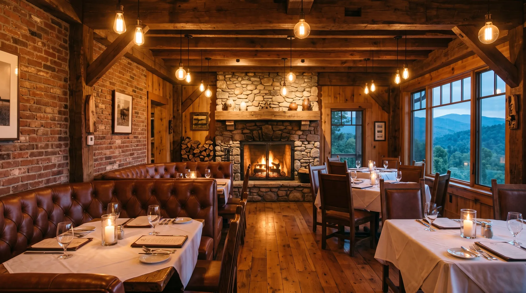 Warm fireside dining room at Legends Steakhouse