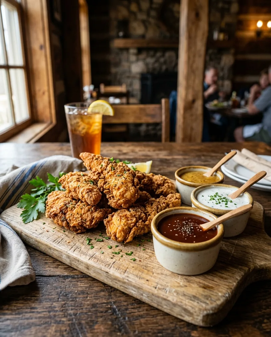 Southern hand-breaded chicken tenders with BBQ, ranch, and honey mustard