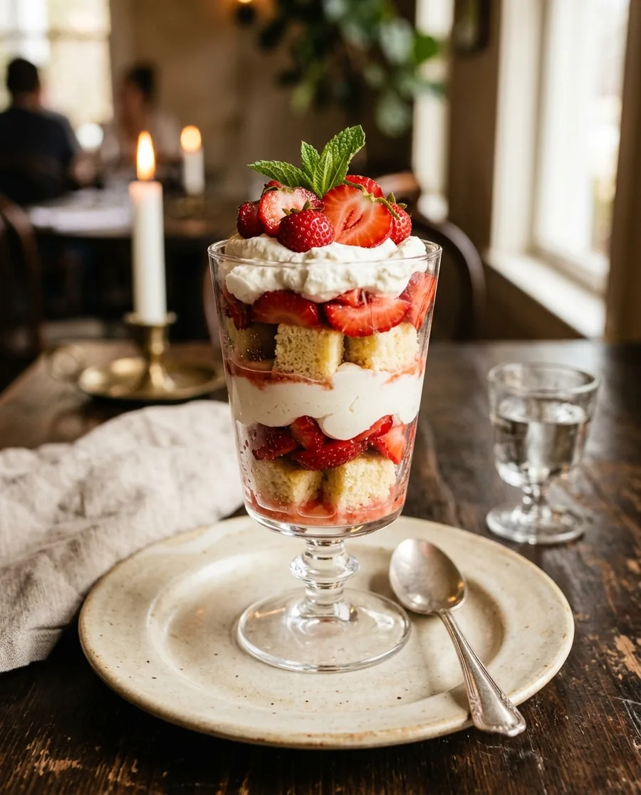 Strawberry shortcake layered with pound cake and whipped cream