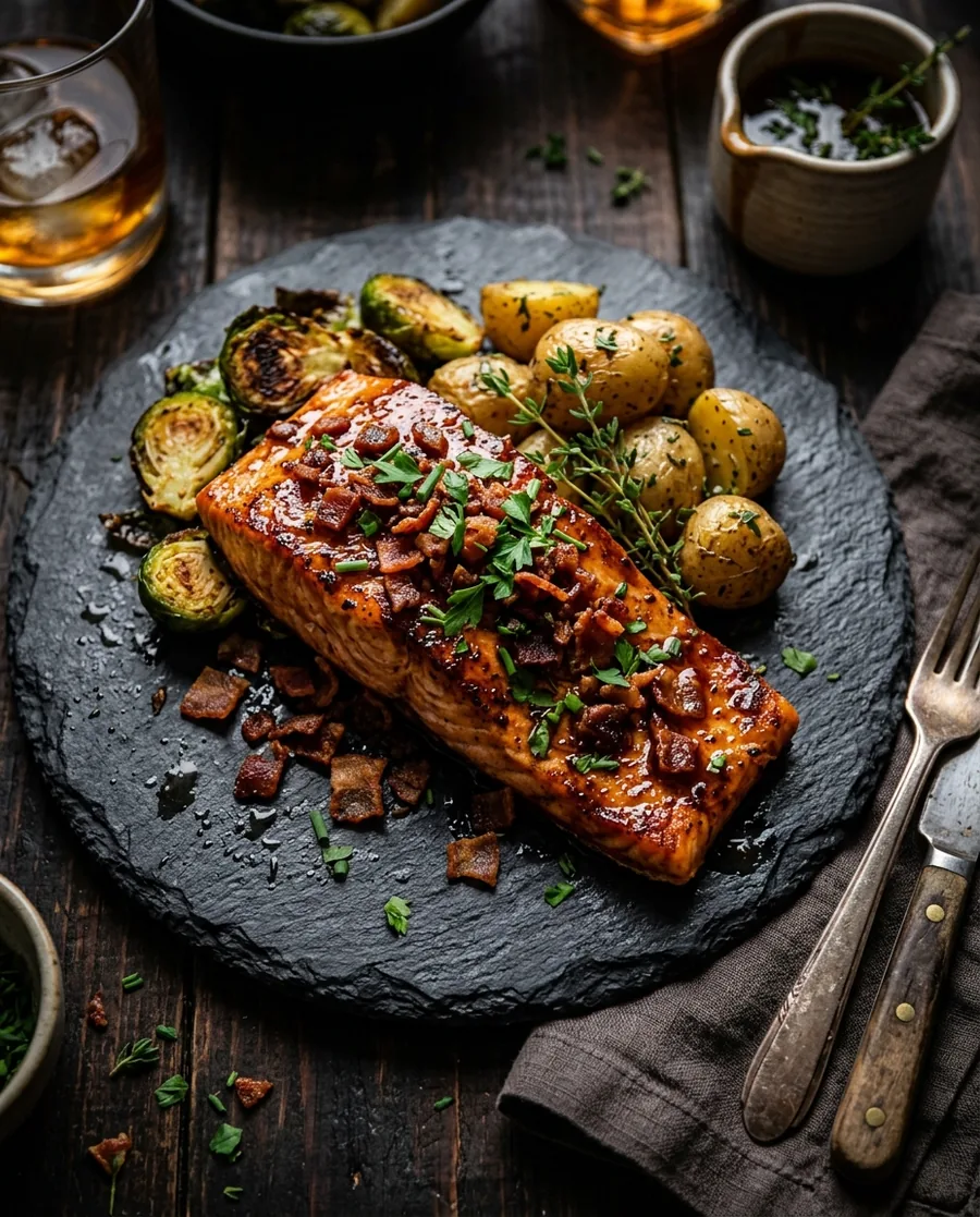 Bourbon bacon salmon with roasted potatoes and brussels sprouts